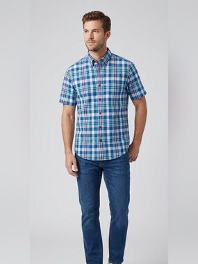 Lands End Men’s 100% Cotton Blue Plaid Short Sleeve Button Down Shirt Medium